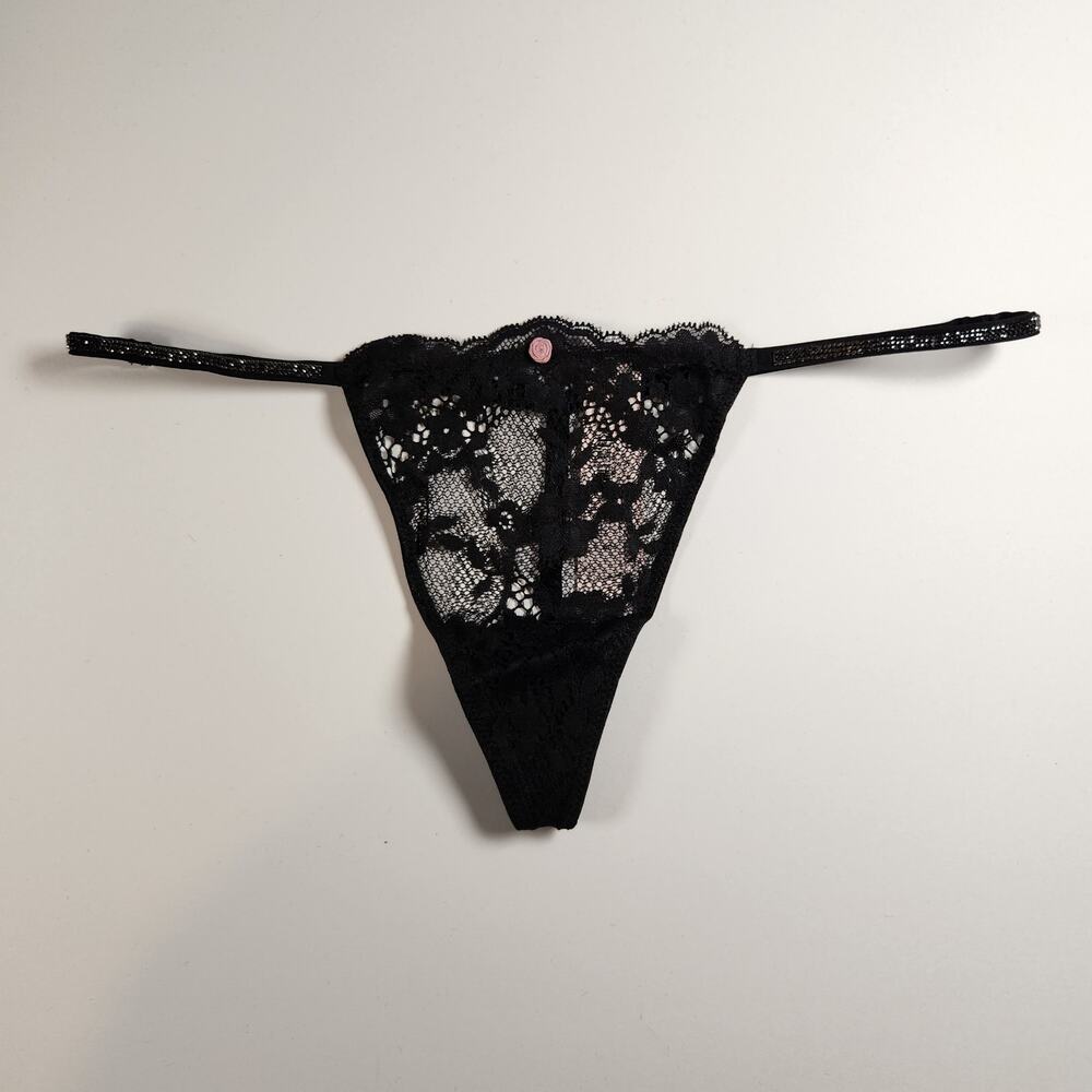 Victoria's Secret Black Lace Shine Strap Glam G String Thong Panty - Small - New